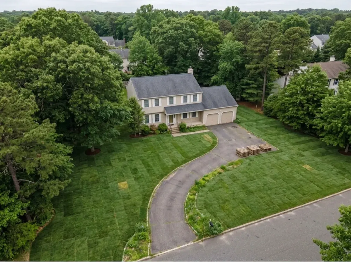 Aerial drone view of 8,500 square feet of fresh sod installed at a Howell NJ home