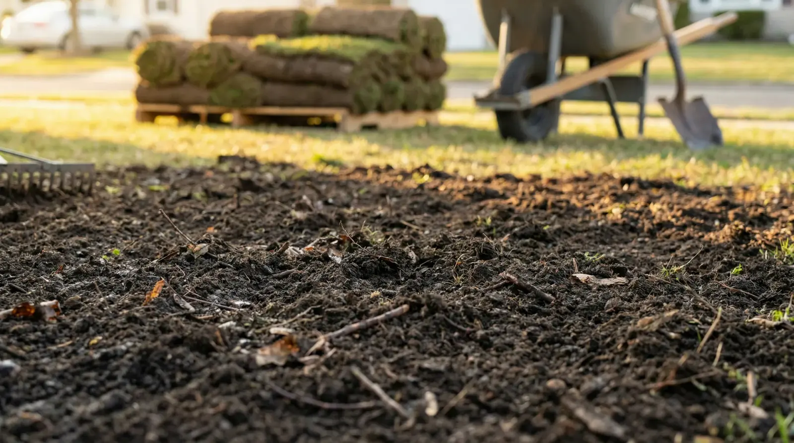Dark composted topsoil being spread before sod installation in Monmouth County