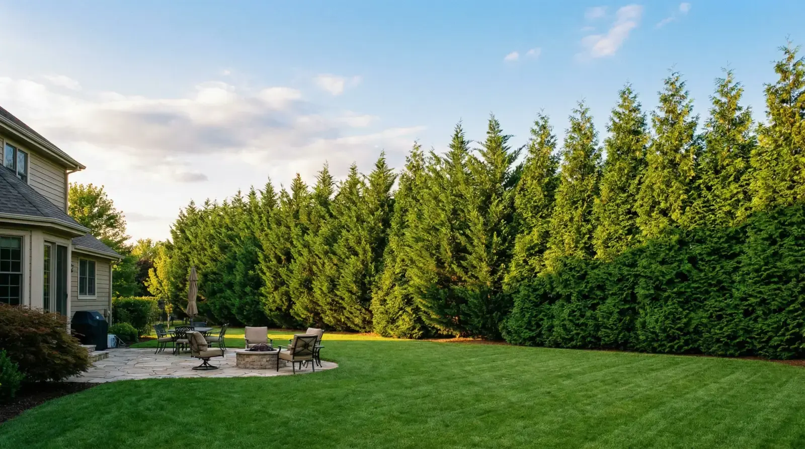 Row of evergreen privacy trees along a backyard