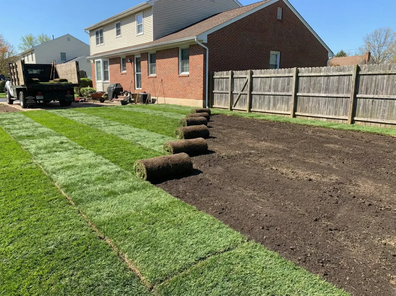 Fresh sod rolls being laid over fully prepared soil