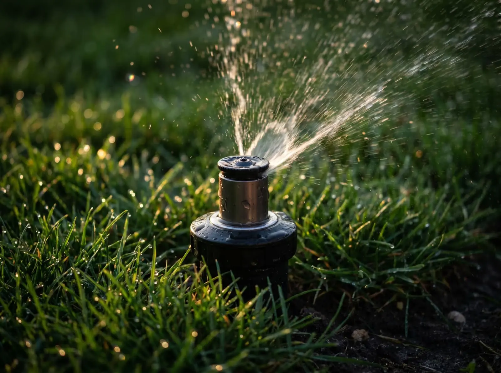 Close view of a sprinkler head watering a lawn