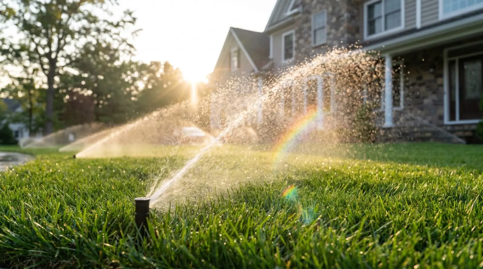 Zoned sprinklers watering a new lawn at golden hour